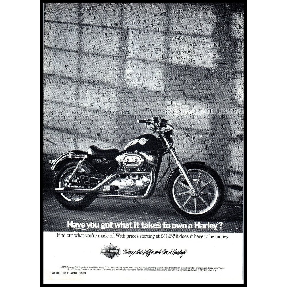 1989 Harley Davidson Sportster 883 Motorcycle Vintage Print Ad Cruiser Wall Art